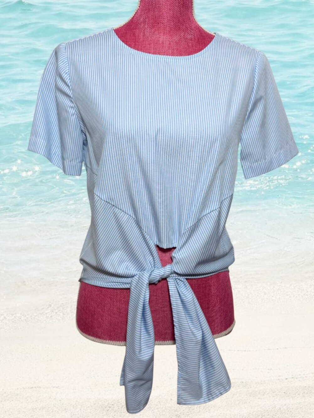 Nautical Blue & White Striped Front Tie Blouse Short Sleeve Women's Size Small